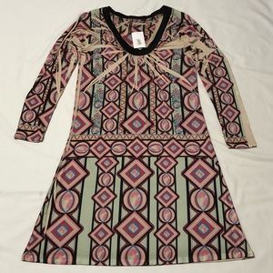 Mushka by Sienna Rose L/S Multicolor Retro Print Groovy Scoop Neck Dress - Large